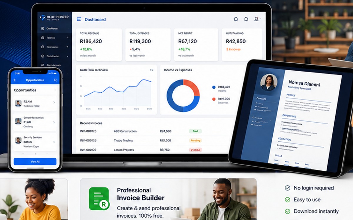 Blue Pioneer Accounting dashboard with business financial information